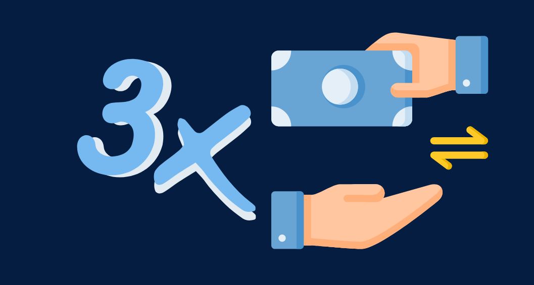 paiement-en-3-fois chiffe 3 en bleu avec une illustration de transaction par carte bleue